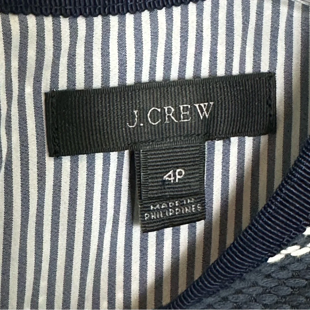 J Crew Sheath Dress Woven Striped Navy White Tweed Indigo Blue Bow Lined Sz 4P - Picture 8 of 11